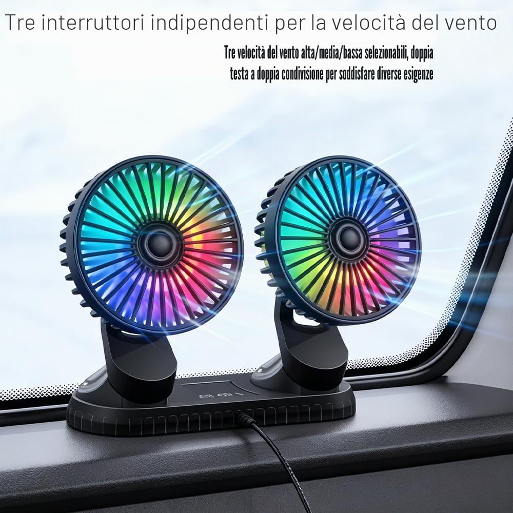 Ventilatore Auto Doppia Testa,5V USB Portatile Ventilatore Da Auto con 3 Velocità Regolabili, 360° Girevole Ventole Di Raffreddamento Da Auto con Luci Colorate per SUV VAN Ufficio Casa