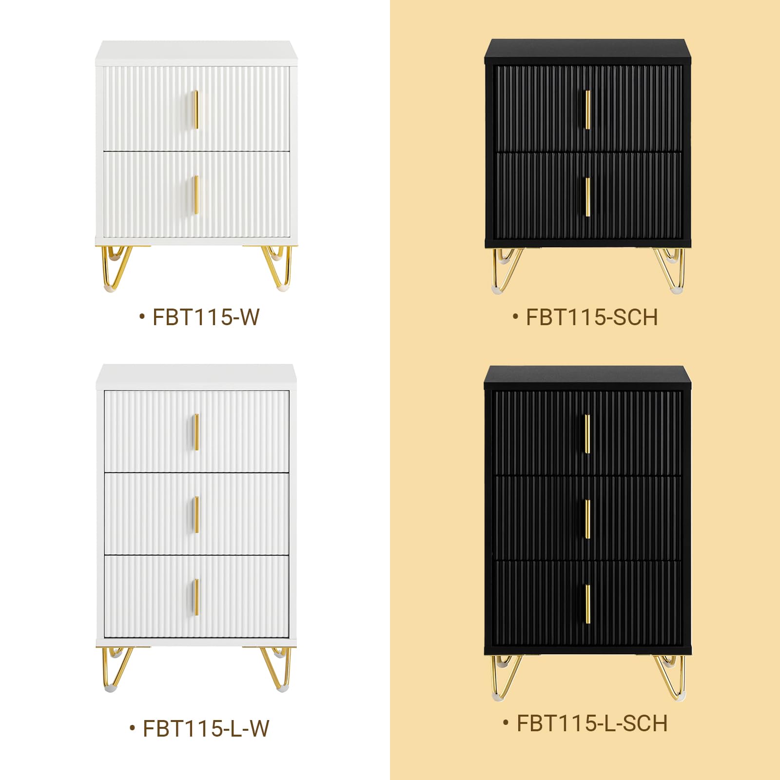 SoBuy set di 2 Comodino camera da letto con 2 cassetti e gambe in metallo dorato, tavolino da letto moderno per camera e soggiorno, Nero, 40x40x47 cm, FBT115-SCHx2
