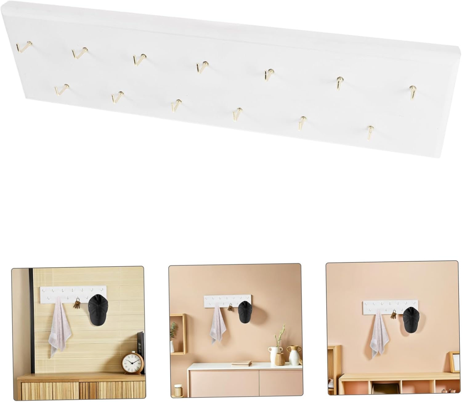 Wooden Wall-Mounted Key Holder and Belt Rack with 13 Hooks, White Space-Saving Organizer for Entryway, Coat, Bag, and Accessory Storage