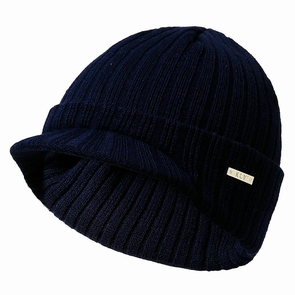 Ausuky Men's Navy Winter Warm Knit Hat Visor Brim Peaked Beanie Ski Hat Cap Baseball Cap Skull Hat (Navy)