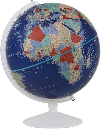 Sailor 12" Diameter Globe, USA Cartography with Solid Metal Base and Special Navy Blue Designer Globe Ball. The Sailor has Royal Blue Ocean World Globe with Red and Green tone land colors in mix to its white hardware and white steel base are a perfect addition to your nautical styled home or office. This handcrafted unique globe shows unique details on the map.