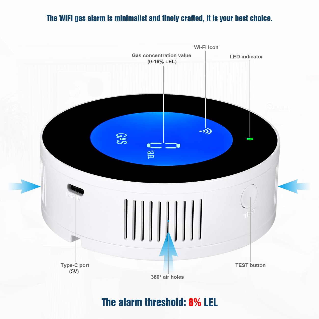Detectores de Gas natural con WiFi, alarma portátil de fugas de gas compatible con aplicación inteligente, Tuya, sensor de gas metano con alarma de voz de 85 dB y alarma visual de concentración de gas