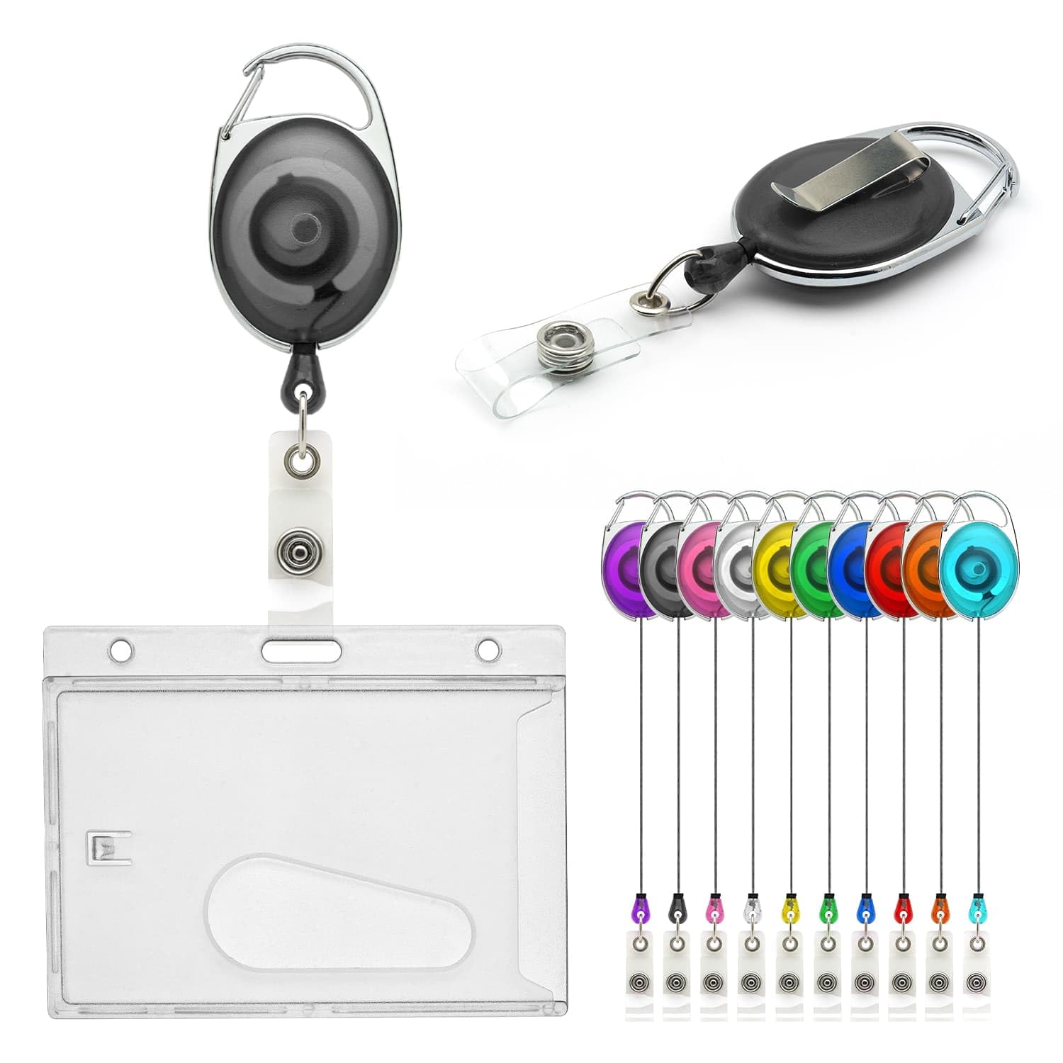 CKB LTD Badge Holder Retractable Reel Set, 5PCS Single Sided Enclosed Ejection Slot Horizontal ID Card Holder for School, Office, Identity Card Belt Clip Attachment Holds 86x54mm (Black)