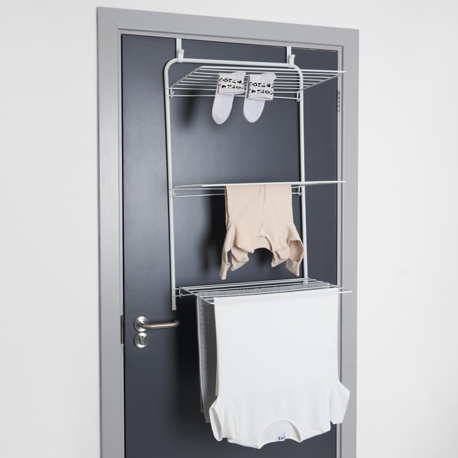Ohs White Over Door Clothes Drying Rack, Tiered Foldable Drying Rack Easy To Pull And Open Over Door Airer Indoor Outdoor Multi-Tiered Design Clothes Airer,