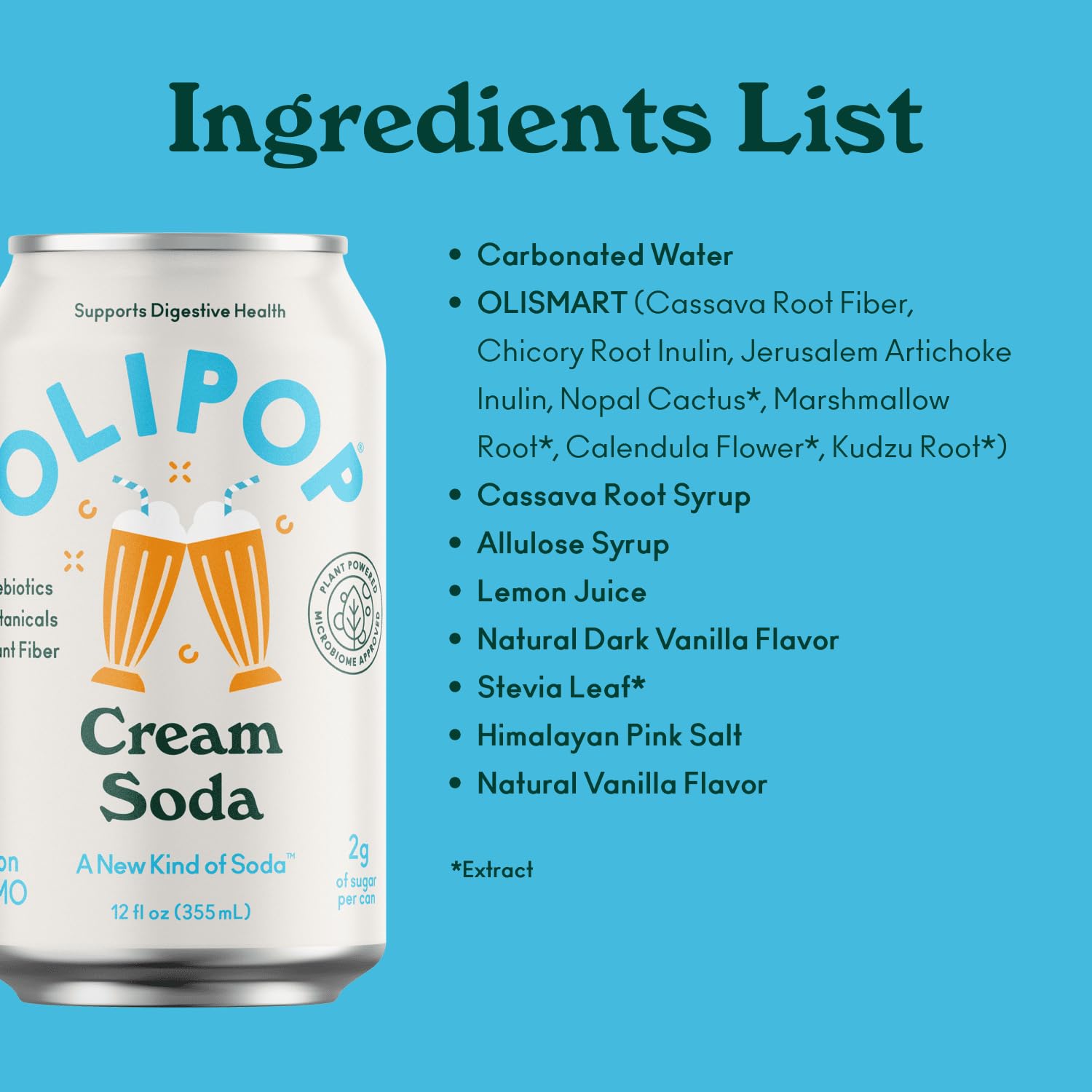 OLIPOP - Cream Soda Sparkling Tonic, Healthy Soda, Prebiotic Soft Drink, Aids Digestive Health & Immune Health, High in Plant Fiber, Caffeine Free, Low Calorie, Low Sugar 12 oz