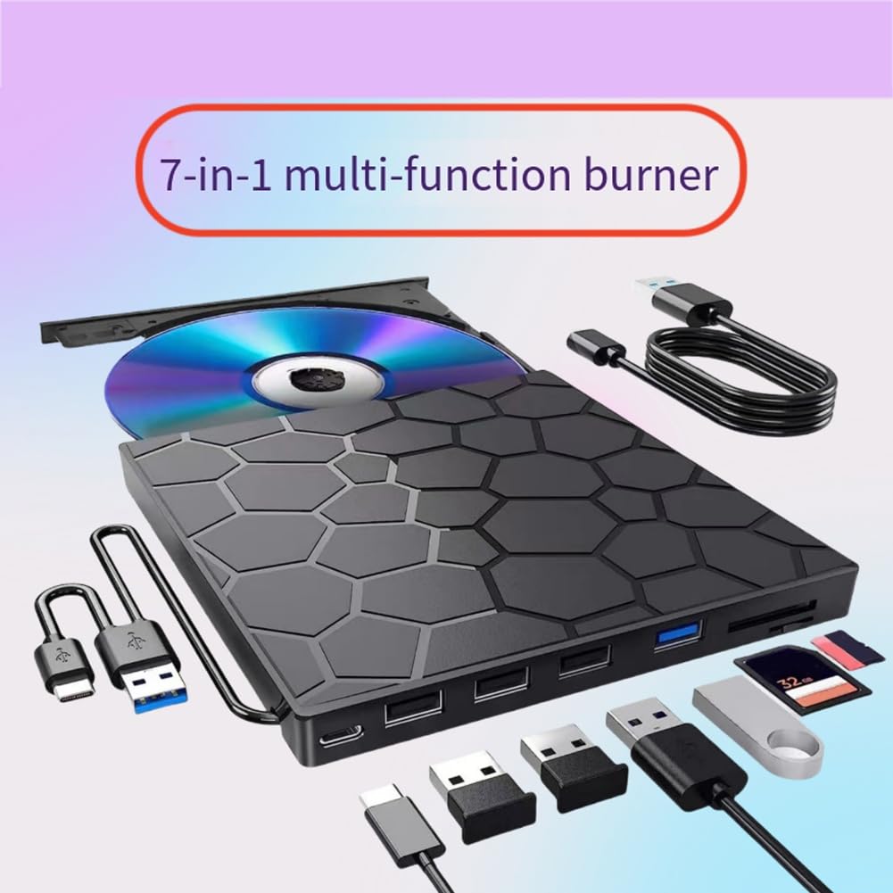 Bloepum External DVD RW Drive USB 3.0 Type C 7 In1 Interface Slim DVD CD Writer Burner Reader Player Optical Drive for Laptop PC