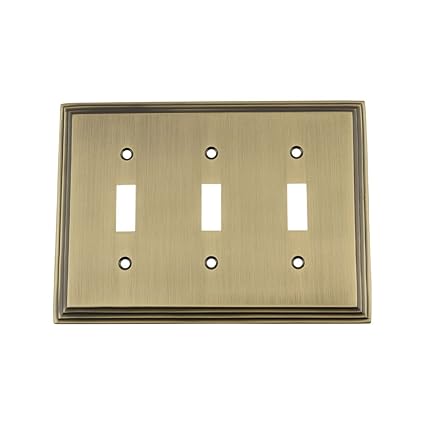 719736 Deco Switch Plate with Triple Toggle, Antique Brass