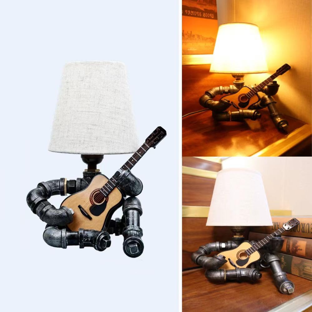Steampunk Music Guitar Table Lamp,Retro Robot Table Lamps,Cool Guitar Stuff Gifts for Men Music Lovers Guitar Players,Industrial Water Pipe Lamp with Bulb and Shade