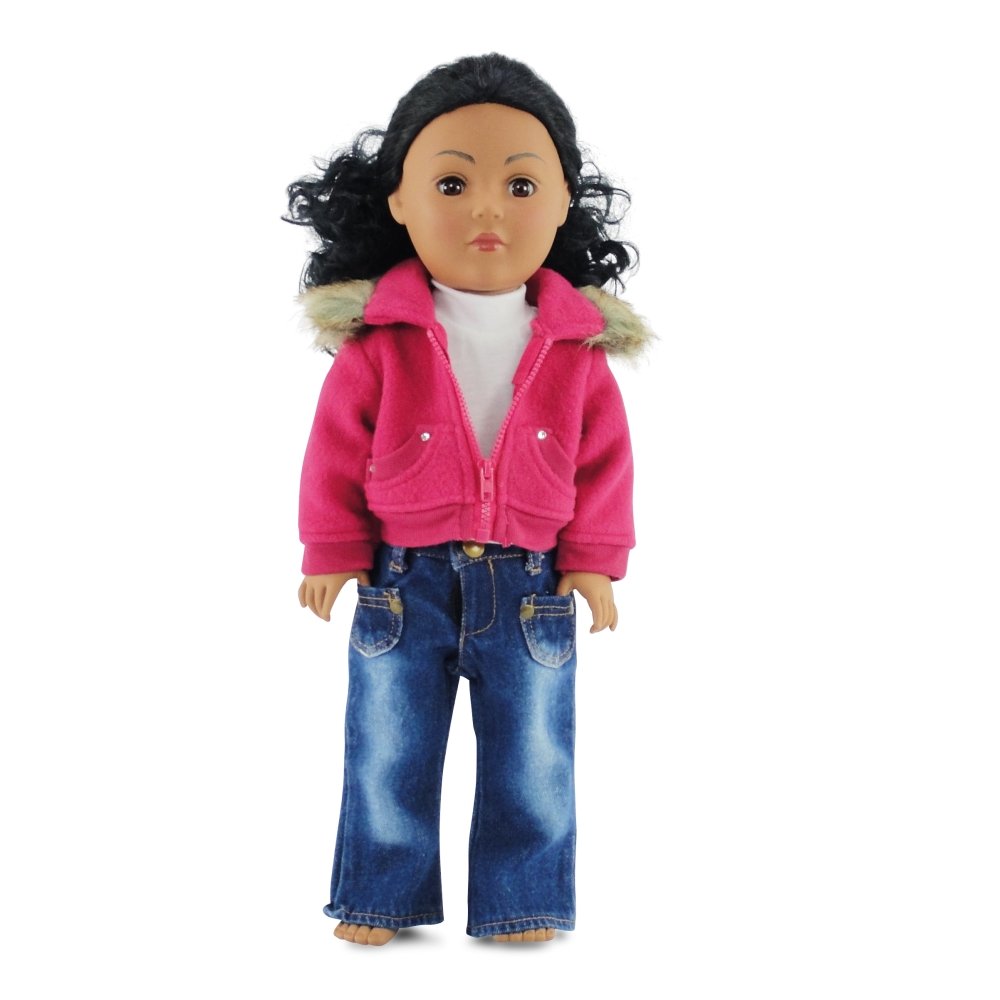 Emily Rose 18 Inch Doll ClothesClothing Fits American Girl Doll - Fur Collar Accessory Jacket Outfit with White T-Shirt and Distressed Jeans