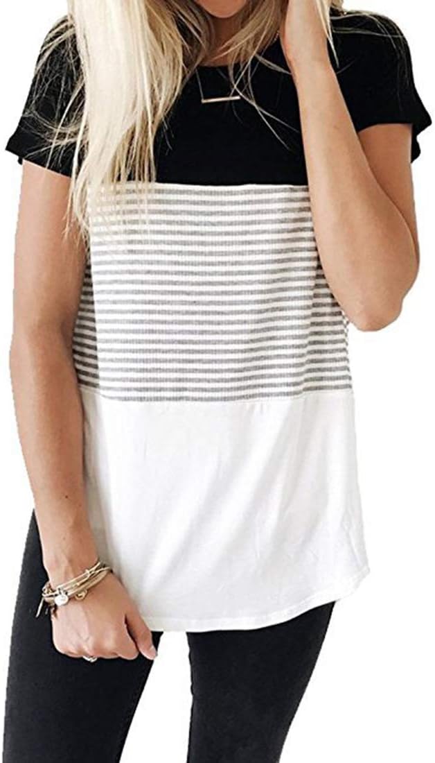 Womens Crew Neck Short Sleeve Tees Color Block Striped T-Shirt Casual Loose Fashion Tee Tops - Image 2
