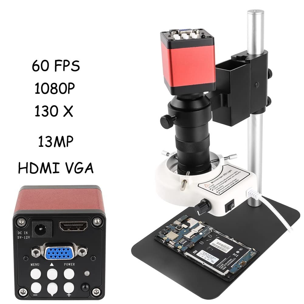 Microscopio Digitale Industriale Vga 1080P con Telecamera + Obiettivo C Mount 130X + Luce Ad Anello A 56 LED + Supporto per Riparazione Elettronica di Saldatura