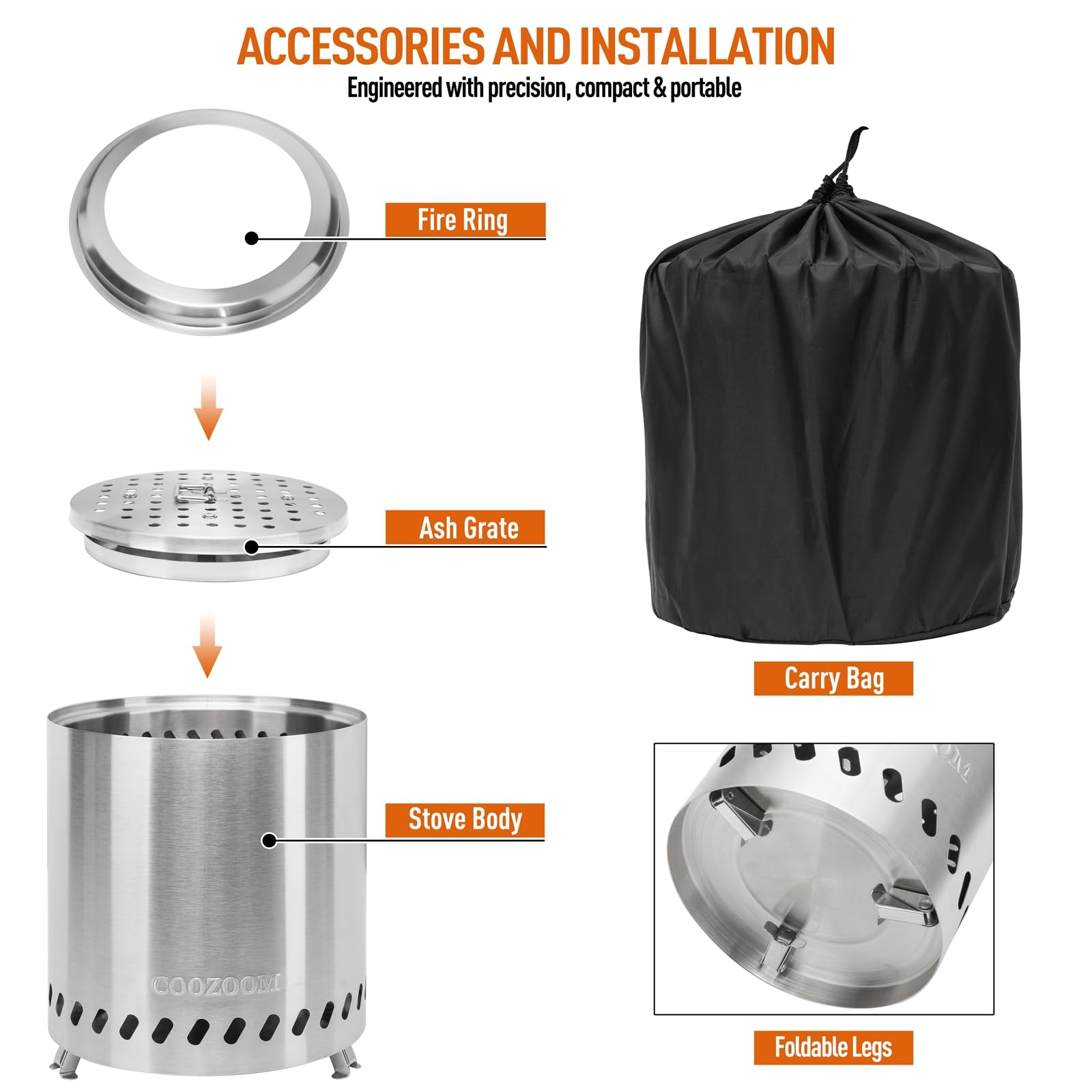 COOZOOM Portable Table Top Fire Pit 10" x 8.6" Stainless Steel Mini