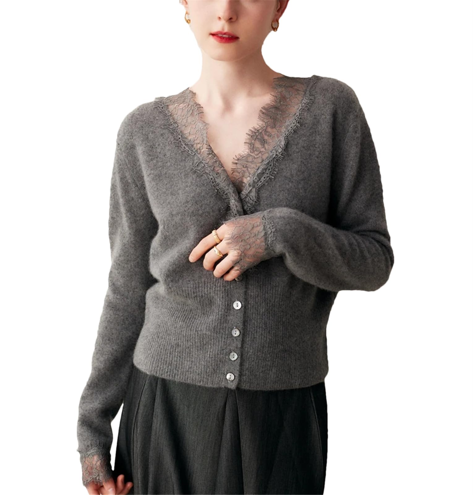 Womens 100 Percent Cashmere Lace Design Sweater Cardigan Office Lady Elegant Soft Warm Knit Top
