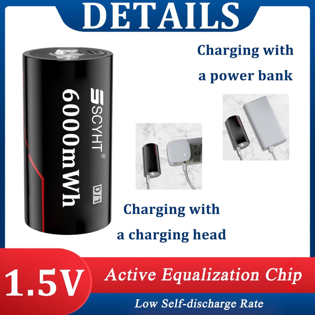 Batteria agli ioni di litio 1,5 V Batteria ricaricabile 6000 mWh Batterie al litio con cavo di tipo C per torce elettriche, dispositivi domestici e ufficio,1.5v6000mwh 4pack