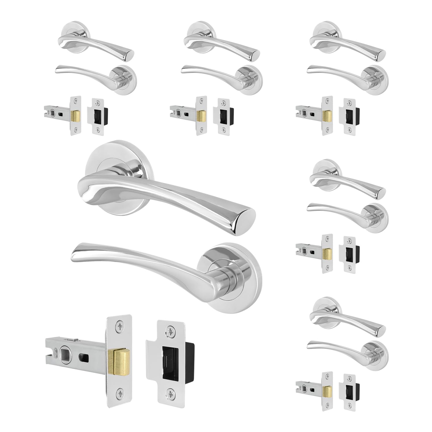 EAI Chrome Door Handle Latch Set - Pack of 6 | Round Internal Door Handles & Latch (64mm) | Polished Chrome Lever on Rose Novoli Range