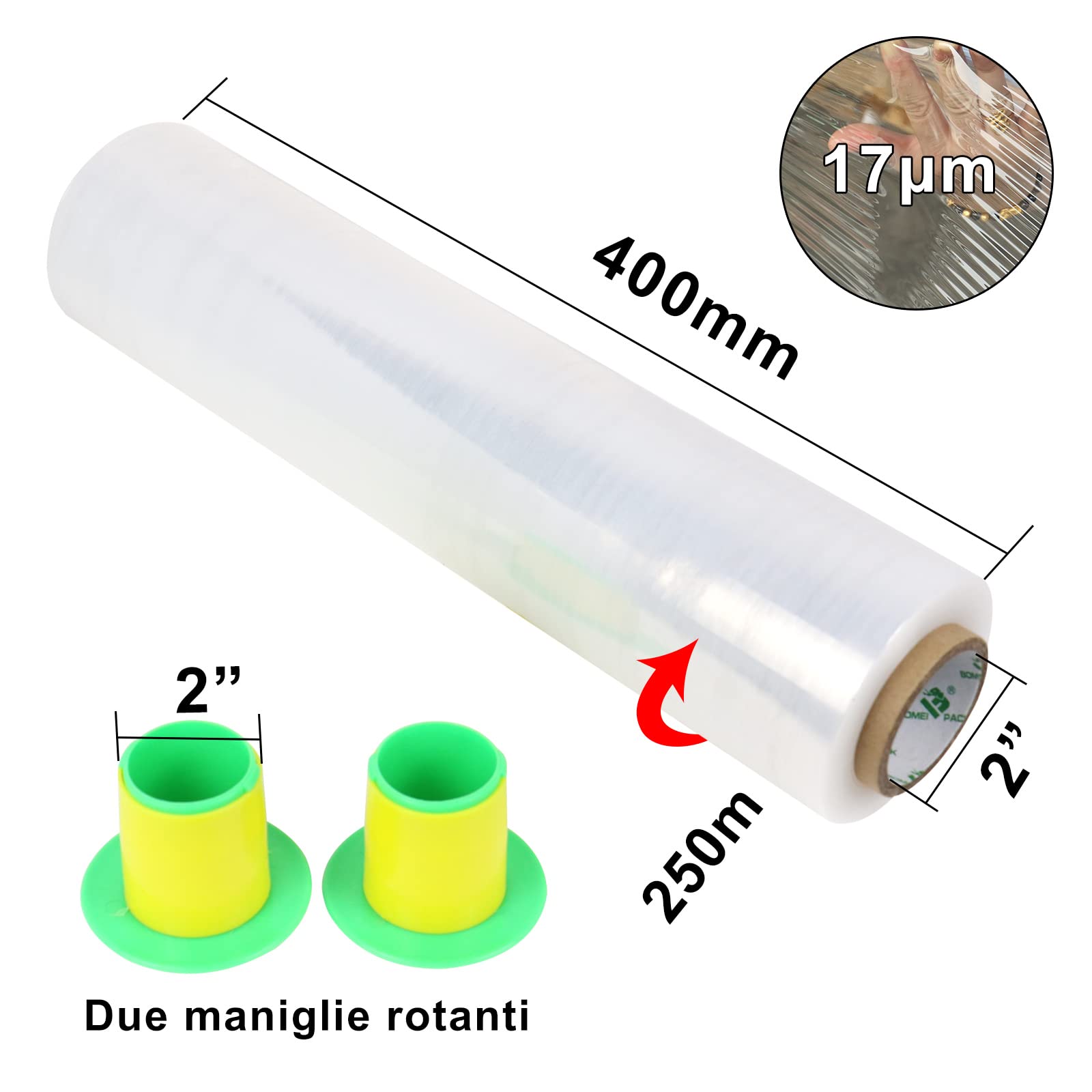 BOMEI PACK 4 Pack Industrial Clear Pallet Stretch Wrap Cling Film 20mic x 400mm x 260m con maniglia di plastica Rolling.Durable Self-Adhering Packing, Packaging, Heavy Duty Shrink Film