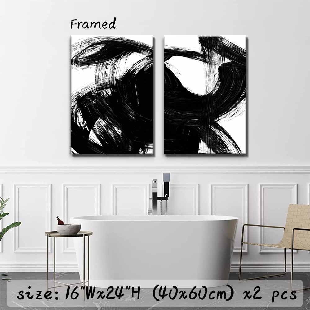 2 Pcs Framed Black and White Abstract Line Canvas Wall Art Modern Contemporary Pictures Paintings Prints Artwork Wall Decor for Living room Bedroom Bathroom Office Home Decoration (12×16 inch×2pcs)