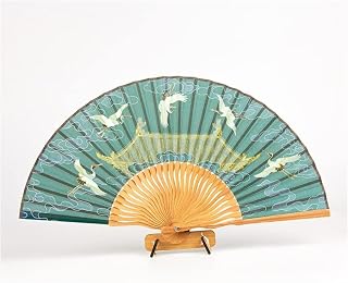 Hand Fans for Women Folding,Hand Fan, Green Crane Elegant Dance Fan Vintage Craft Fan Handheld Fans Silk Folding Fans for Wedding Dancing Party Hand Held Fans