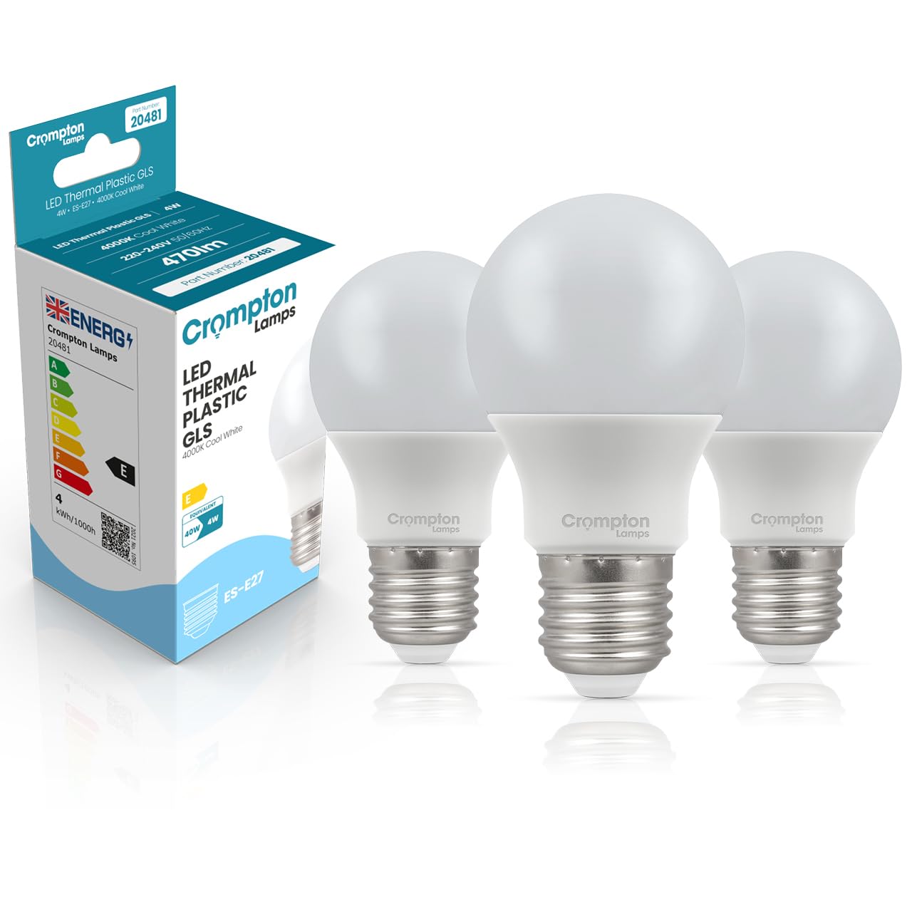 Crompton Lamps GLS LED E27 Bulb | 4W = 40W Equivalent | Cool White 4000K | Energy Efficient | Edison Screw Lightbulb | Long Life 15,000-Hrs | Bulbs for Lamps | 3-Pack