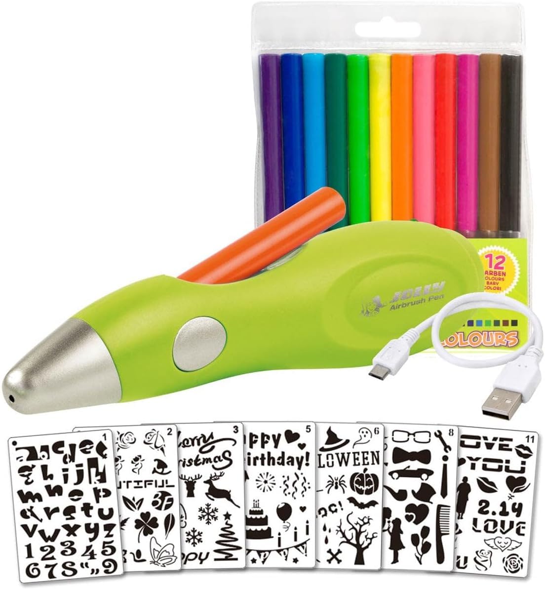 JOLLY Airbrush Fun | Farben sprühen für Kinder | Ungiftig (Airbrush), 20-teiliges Set, grün & 4446-0003 Airbrush Schablone, Kunststoff, Transparent, 30 Stück