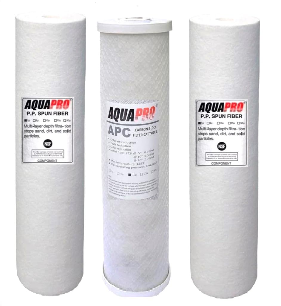 Aqua Pro Jumbo 2 pcs PP Spun & CTO Water Filter Cartridge Filter Replacement Set For Whole House Filtration Big Blue Jumbo For Villa And Restaurants, 20’’x4.5’’ - White (Set of 3)