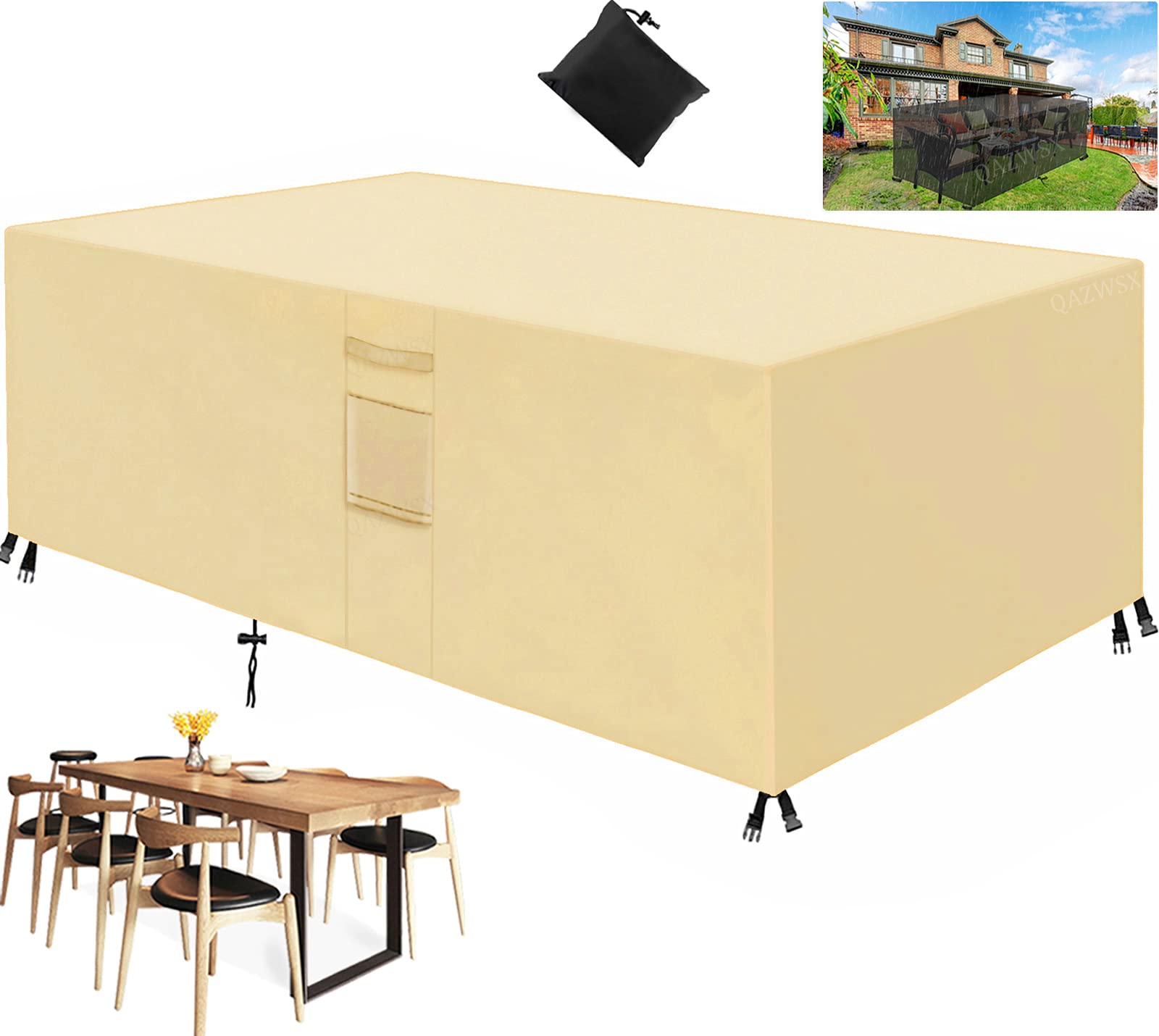 Copertura impermeabile per mobili da giardino in tessuto Oxford 420D, resistente, rettangolare, rettangolare, quadrato, antivento, anti UV, beige, 200 x 160 x 70 cm