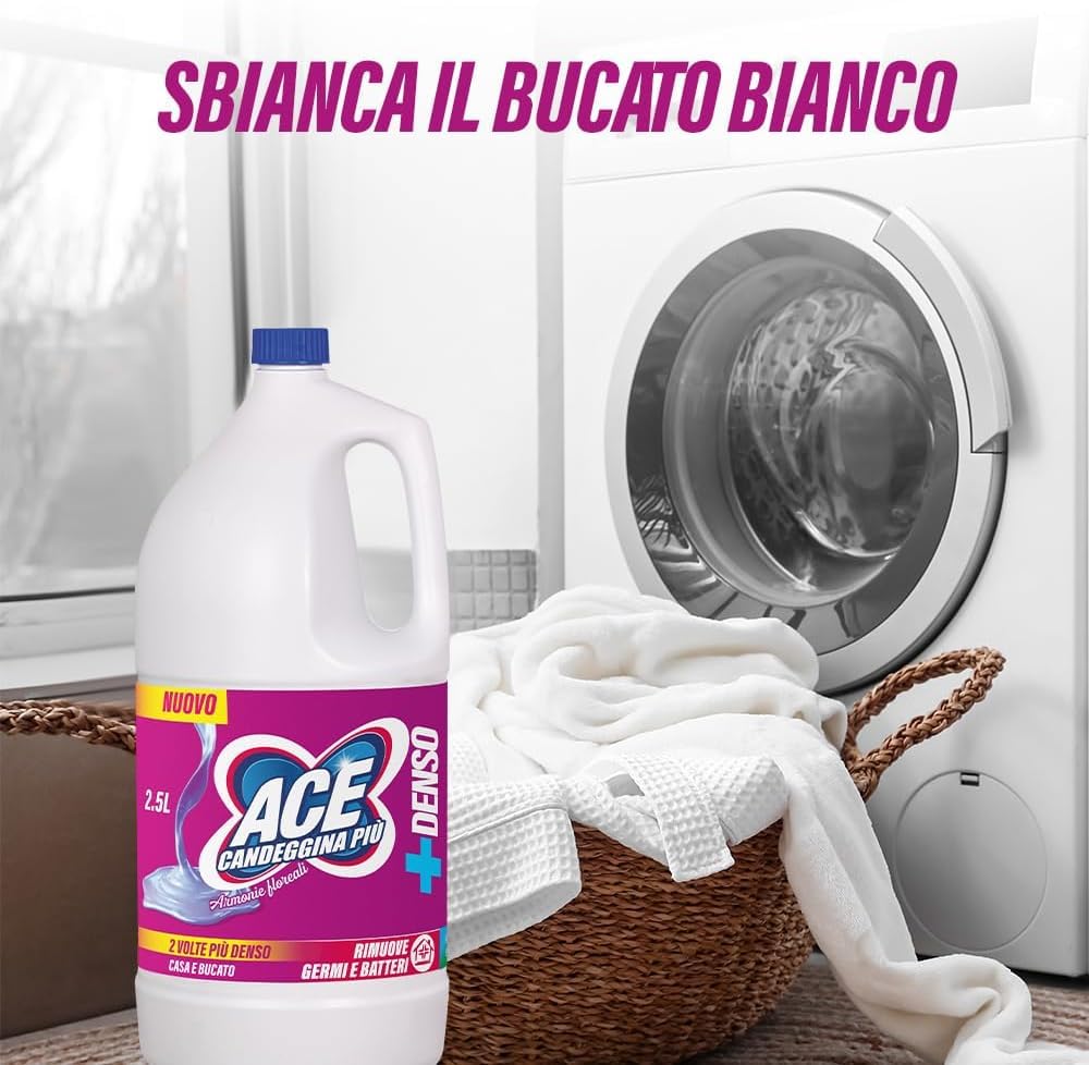 6x Ace Candeggina Più +Denso Armonie Floreali - igienizza superfici e bucato in profondità - Flacone 2,5Lt + Portachiavi Beni Culinari in Omaggio