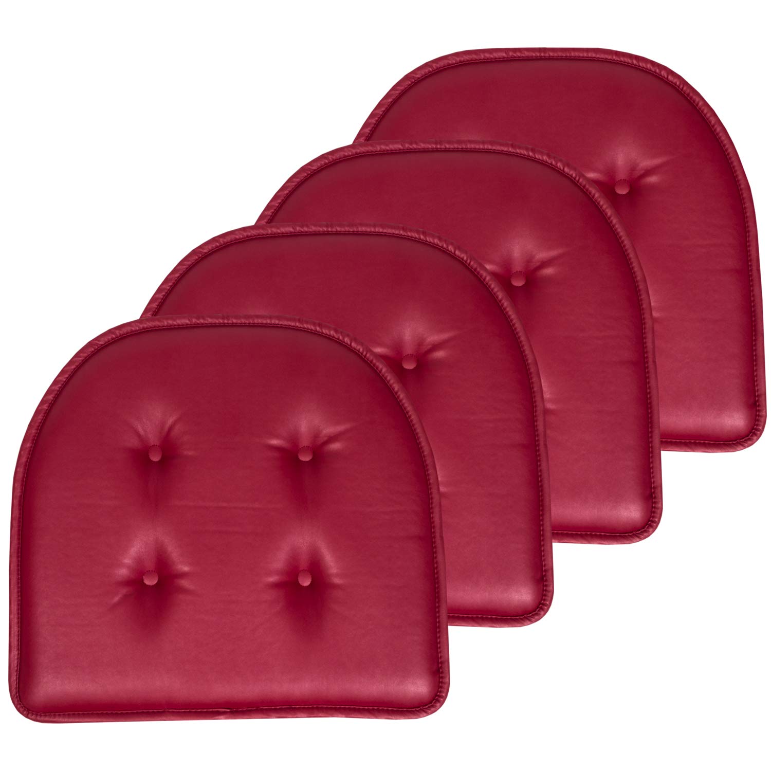 Sweet Home Collection Chair Cushion Memory Foam Pads Tufted Slip Non Skid Rubber Back U-Shaped 17" x 16" Seat Cover, 4 Count (Pack of 1), Faux Leather Burgundy Red