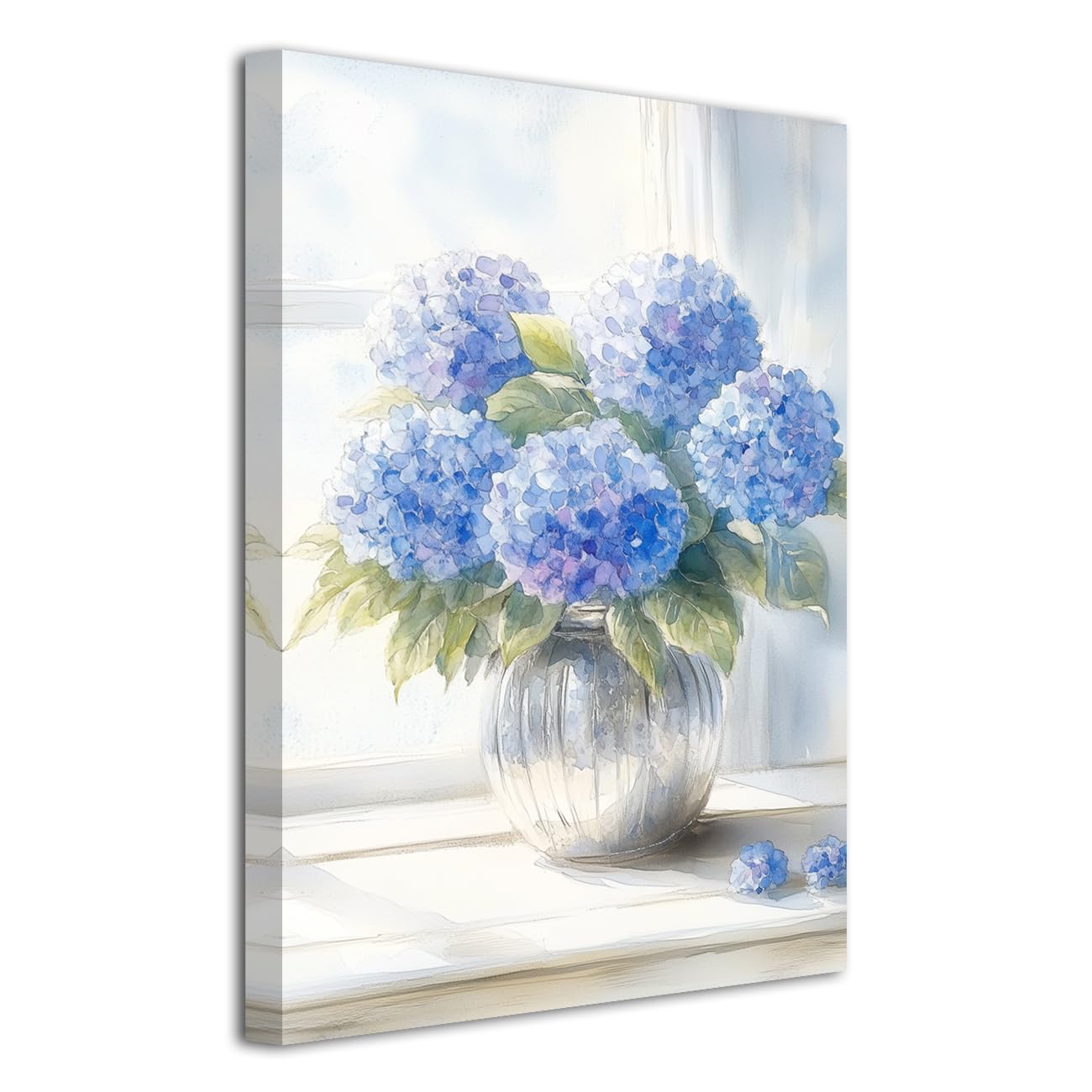 LZIMU Hydrangea Wall Art for Bathroom Blue Hydrangea Picture Rustic Floral Canvas Prints Blue Flower Painting for Living Room Decor Framed (White, 18L x 12W)