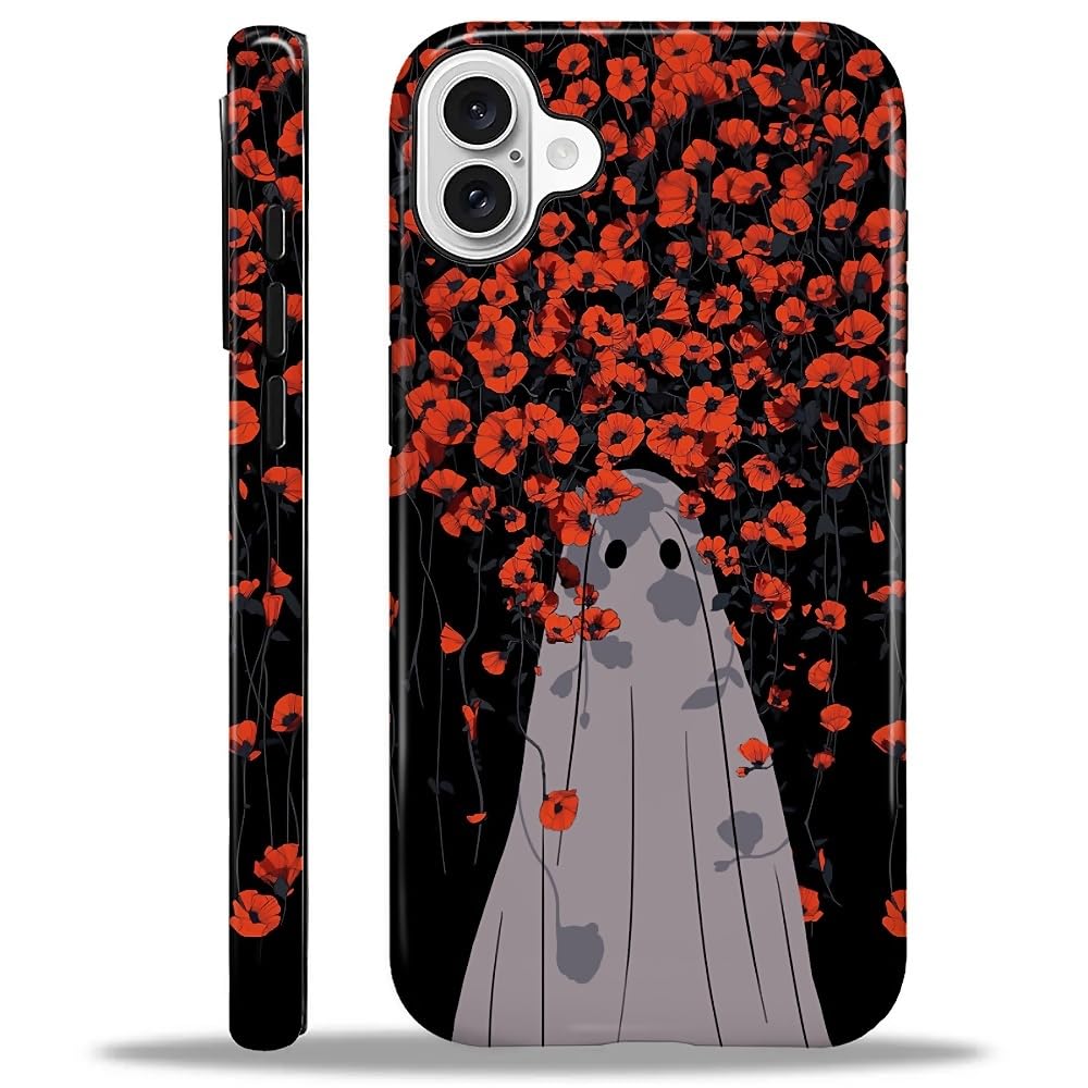 for iPhone 16 Case for Women Girl Men Boy, Compatible with MagSafe, Shockproof Soft Silicone & Hard PC Shell Protective Case for iPhone 16 - Spooky Lonely Flower Ghost Spooky Lonely Flower Ghost IPhone 16