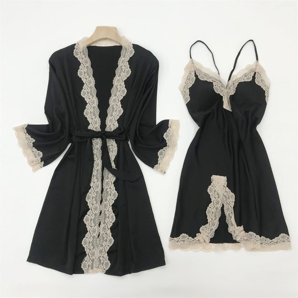 Kobiety V-Neck bielizna nocna satynowa koronkowa patchworkowa szata garnitur letnia suknia Femme pasek koszula nocna z klockami Casual zestaw do spania