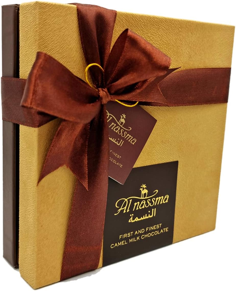 Al Nassma Camel Milk Chocolate Praline Gift Box (18 Piece Pralines: Hazelnut Nougat, Arabic Coffee, Pistachio Marzipan) | Made in Dubai, Christmas, New Years, Valentine's, Easter, Eid, Ramadan