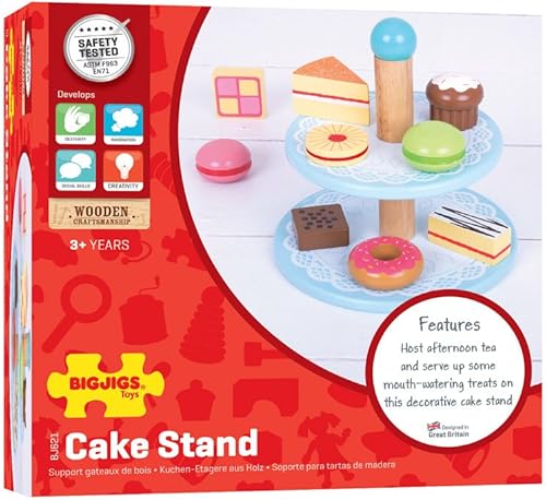 Miniatura 6 de Bigjigs Toys Soporte de madera para tartas con 9 pasteles de madera para jugar, comida de juguete de calidad para niños pequeños y niños, accesorios