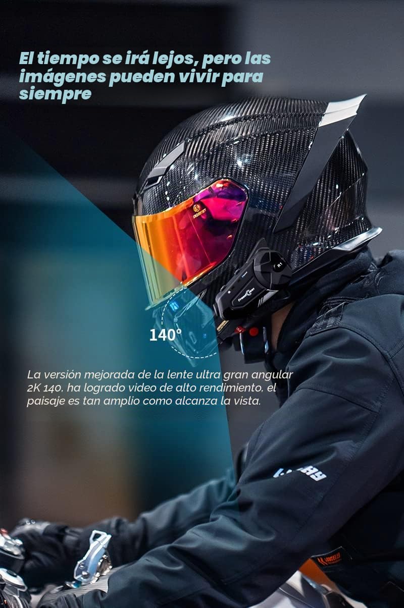 R1 Pro Auriculares bluetooth para casco de moto con cámara,6 vías 1000M intercomunicador, sistema de comunicación de la motocicleta, vídeo 2K/Siri/Música compartida/compatible con otras marcas(1Pack)