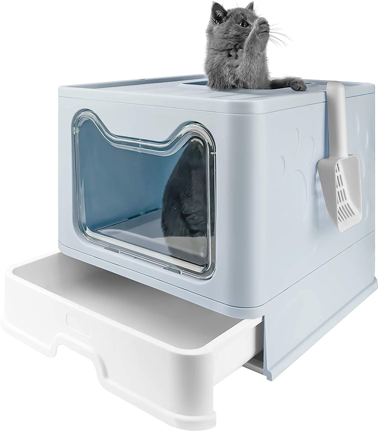 HonestShop Foldable Cat Litter Box with Lid, Extra Large Litter Box with Cat Litter Scoop, Drawer Type Cat Litter Pan Easy to Scoop & Anti-Splashing, 20" L x 16" W x 15" H (Blue)