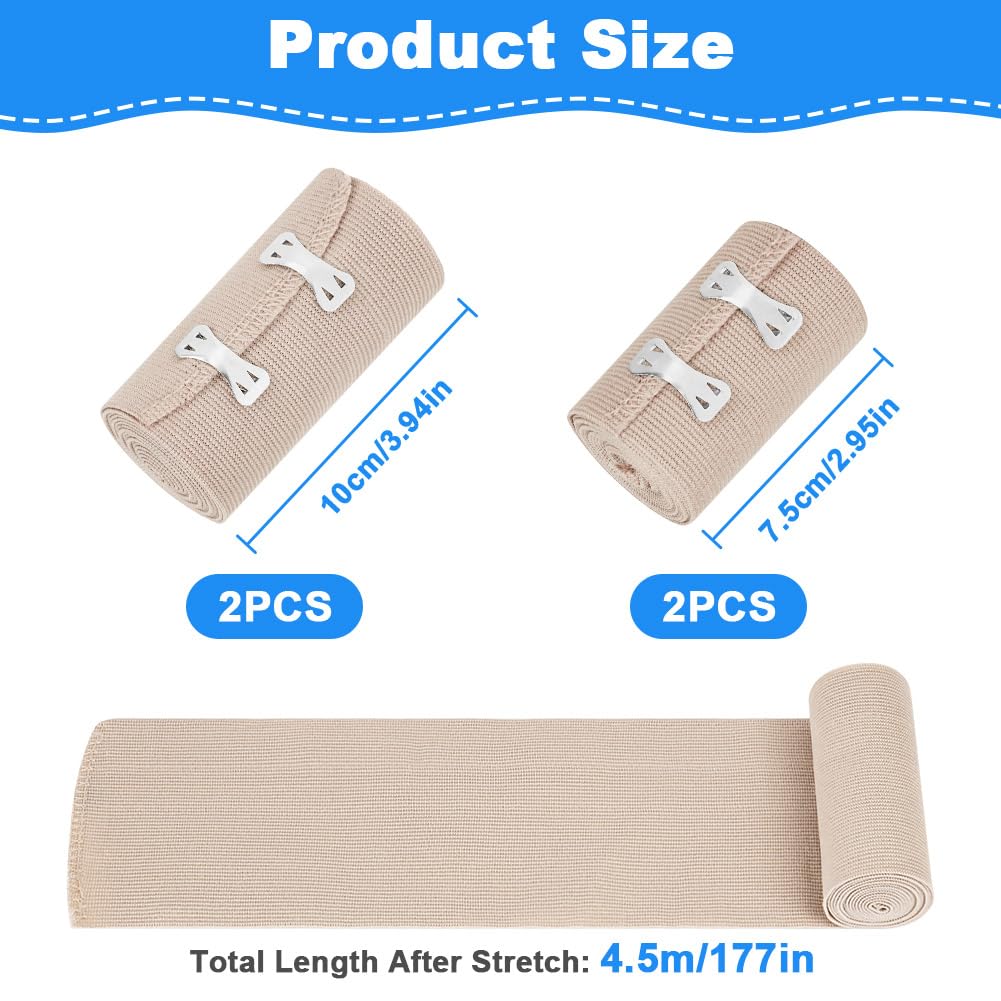 Vendaje Elástico Premium, Vendaje Tubular Elástico, Elástico de Fijación con Ganchos de Metal, Vendaje de Soporte para Soporte de Tobillo, Brazos y Piernas（2PC 7.5 cm x 4.5 m+2PC 10cm x 4.5m）