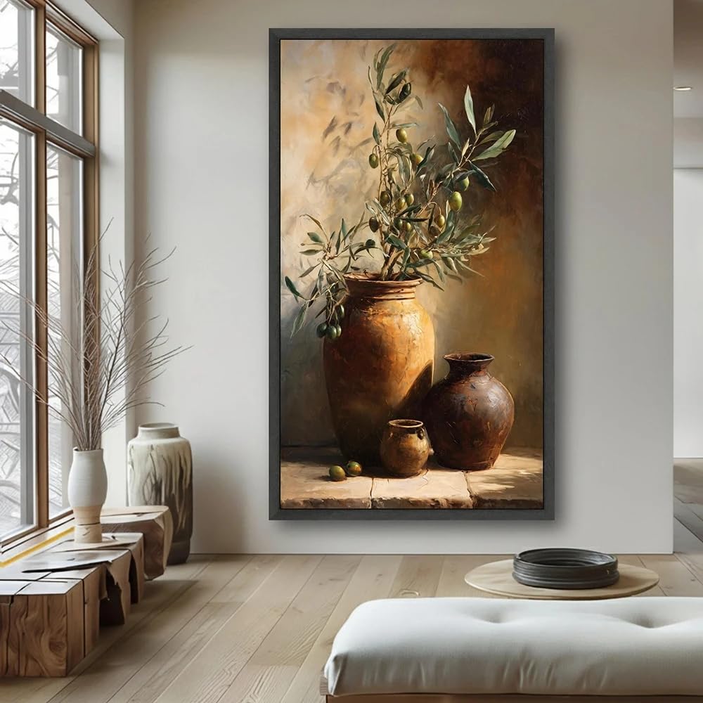 GOSRD Canvas Prints Rustic Olive Branch, Still Life Wall Art Terracotta Vase Home Living Room Decor(30x60cm)