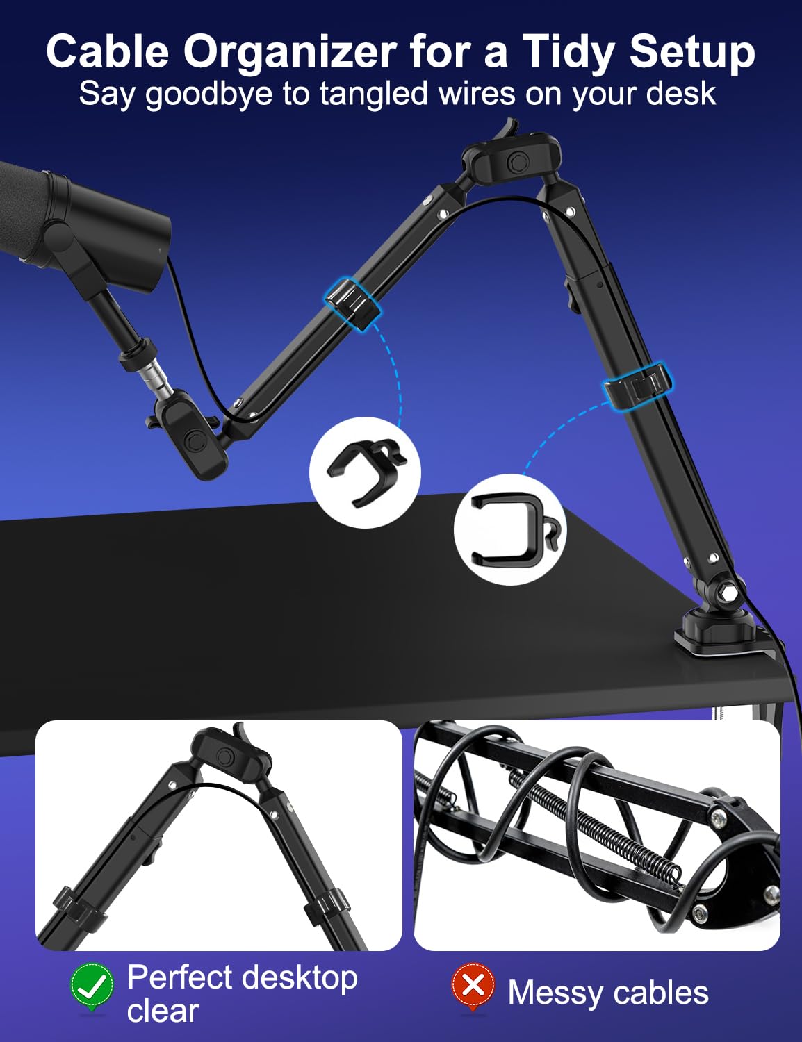 Brazo de micrófono Boom, soporte plano ajustable para micrófono con clip de micrófono, giratorio 360°, adaptador de tornillo, gestión de cables, para podcast, streaming, juegos, estudio.