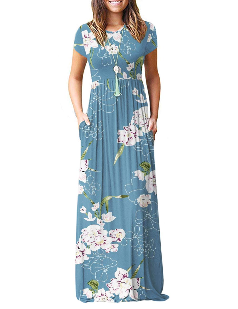 AUSELILY Damen Kurzarm Sommer Casual Long Maxi Kleider mit Taschen