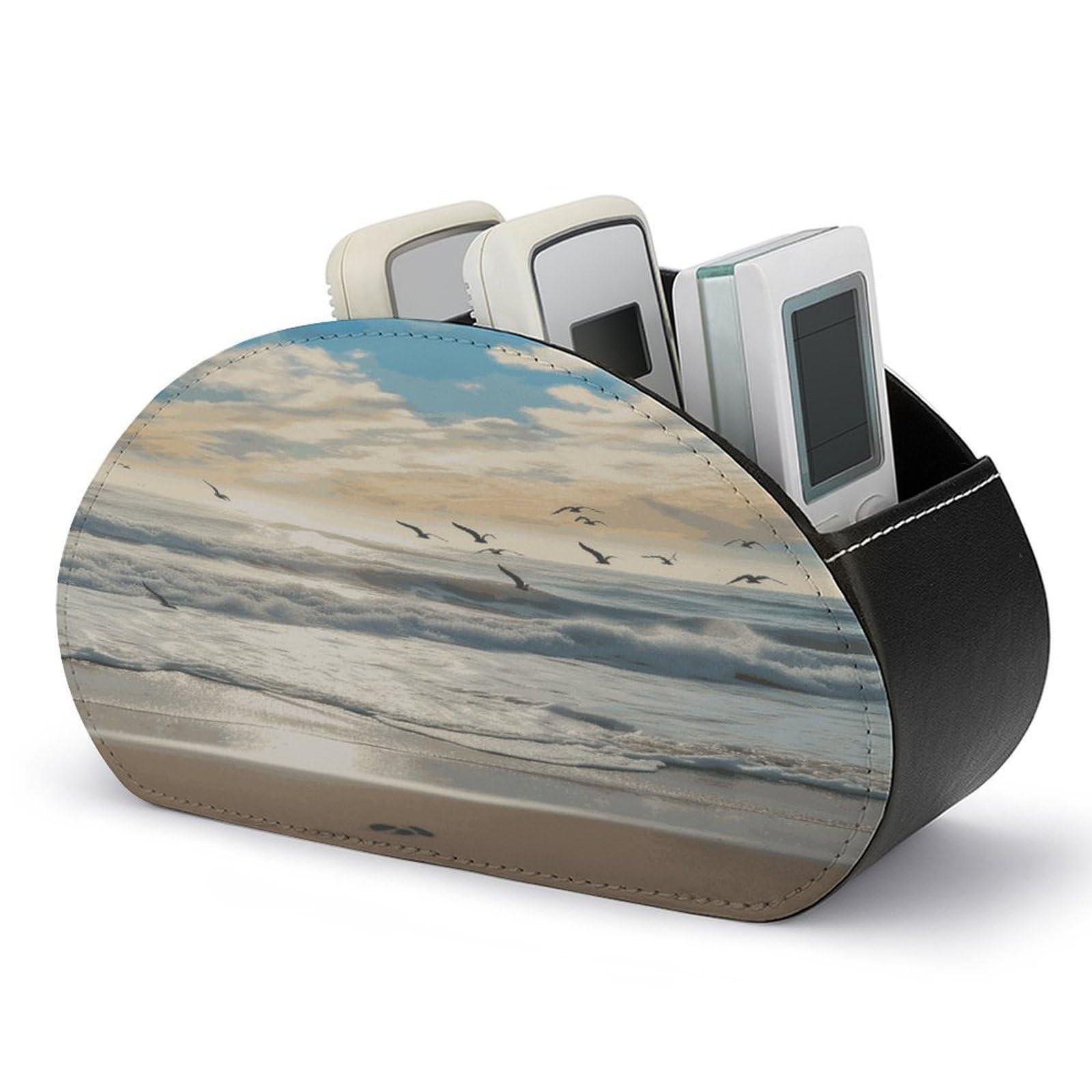 FekiLoot Waves on The Beach with Sea Birds Remote Control Holder, PU Leather Remote Control Organizer Box Stationery Remote Control Box Desk Storage Organizer for DVDs,Glasses,Pens,Media Players