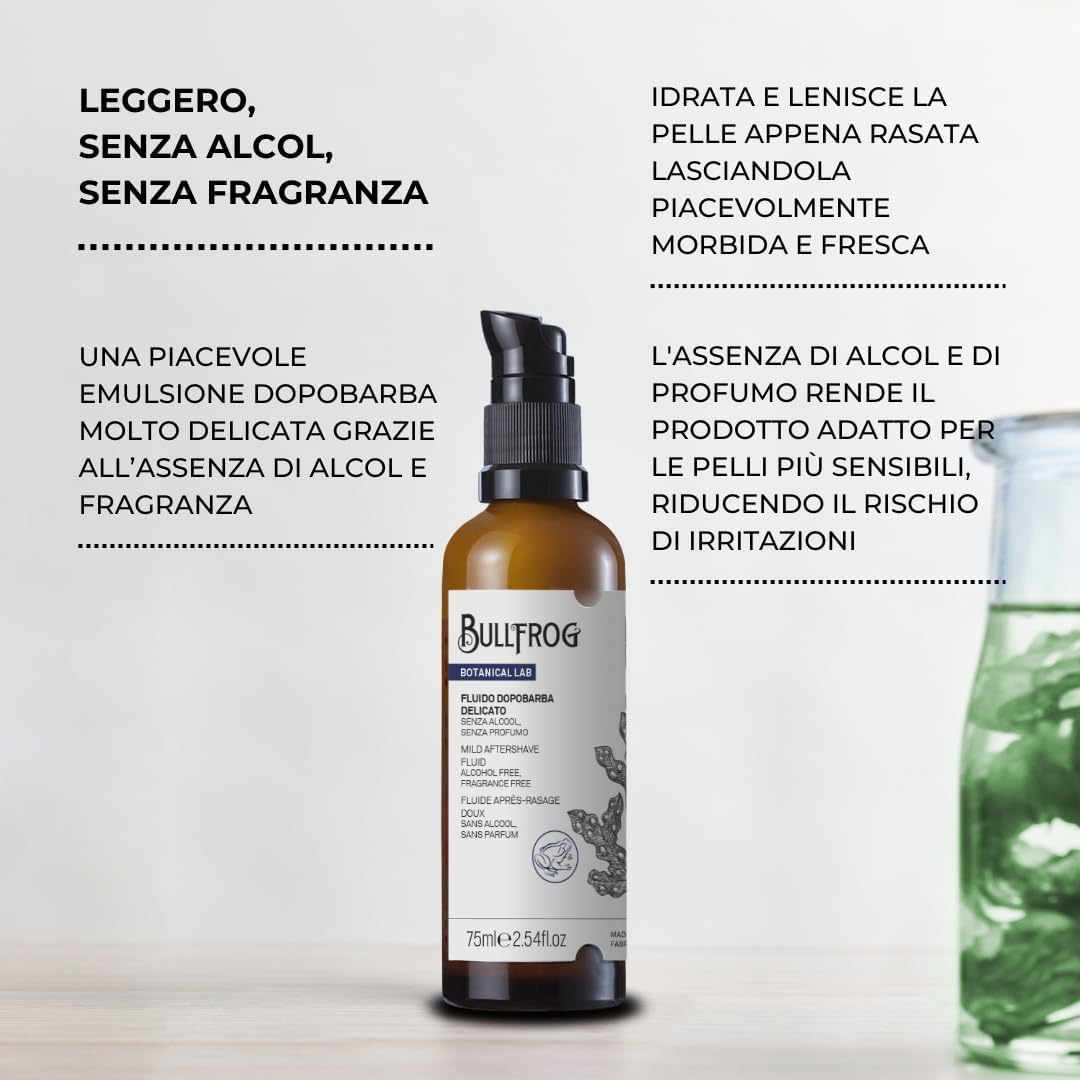 Bullfrog - Fluido Aftershave Suave – Aftershave Calmante e Hidratante para Pieles Sensibles, 96,3% Ingredientes Naturales, Sin Alcohol y Sin Fragancia, Absorción Rápida, 75 ml