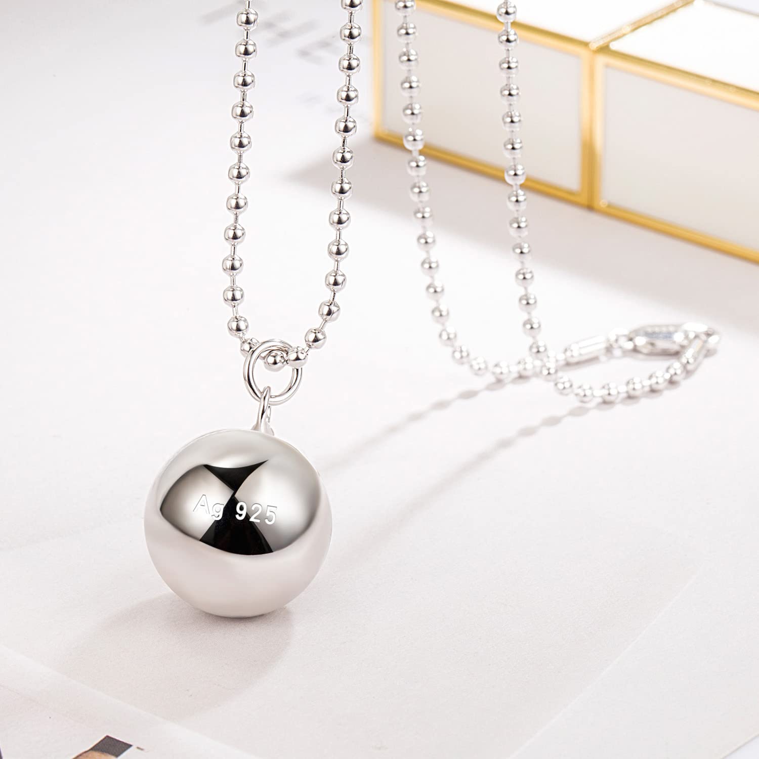 Dankadi - Collar fino y colgante de cascarilla redonda de 925 plata, cadena lisa, llamador de ángeles, longitud 45-50-55-60-65 cm, regalo de joya musical para mujer