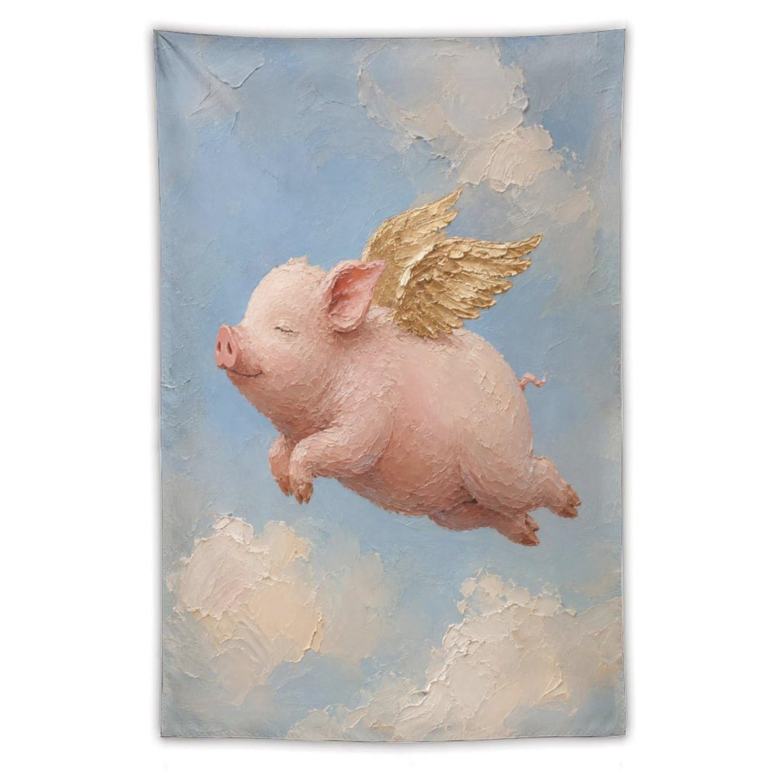 H3B8U2Y5 Flying Pig Golden Wings Wall Tapestry, Naive Art Style, Apartment