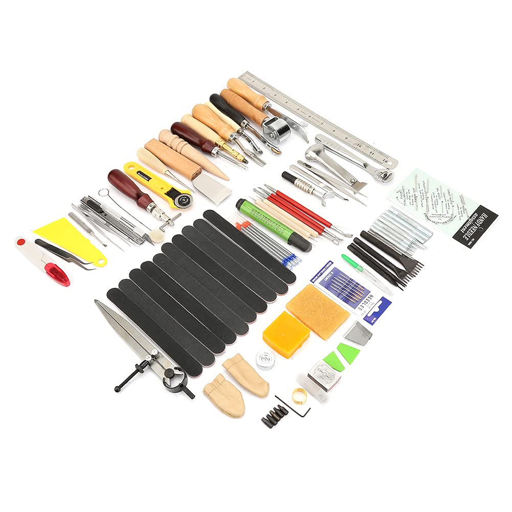 Professionelles Lederhandwerkswerkzeug-Set, 60-teiliges Lederbearbeitungswerkzeug-Set zum Nähen, Schnitzen, Nähen, DIY-Lederprojekte, Anfänger, Designer, Holz, Stahl, Mater