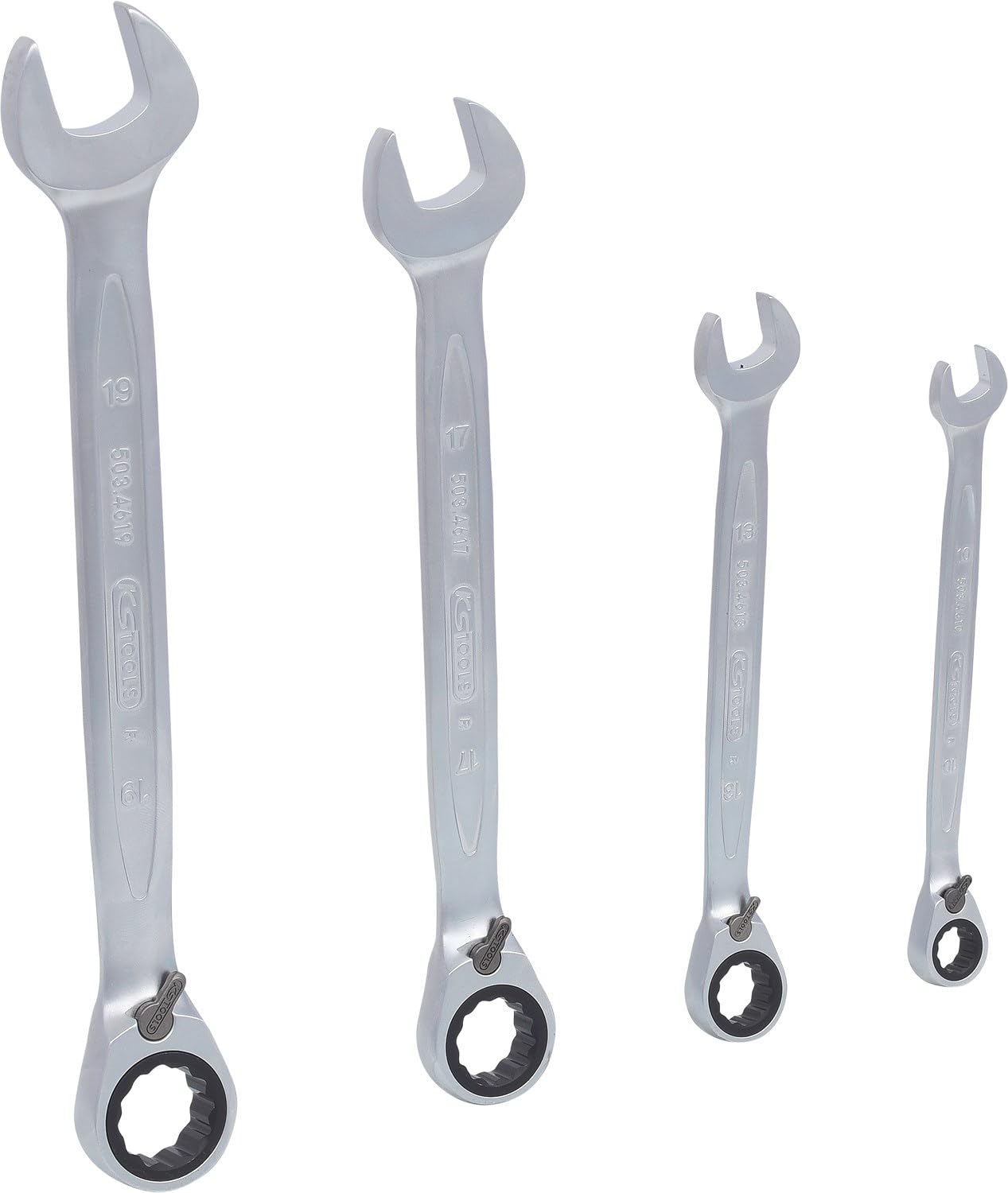 KS Tools 503.4604 GEAR+Zest kluczy plasko-oczk z grzechot. przelaczalnych, 4-szt, na zawieszkach