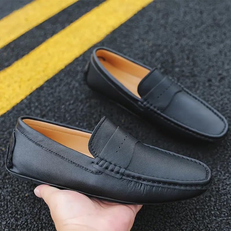 Mens Loafers Solid Color Leather Penny Driving Loafers Flat Heel Slip Resistant Lightweight Casual Slip-ons3