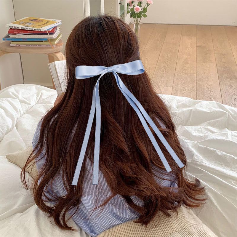 Miniatura 3 de Pinzas para el pelo con borla y cola larga, lazos de satén grandes para mujeres y niñas (azul+beige)