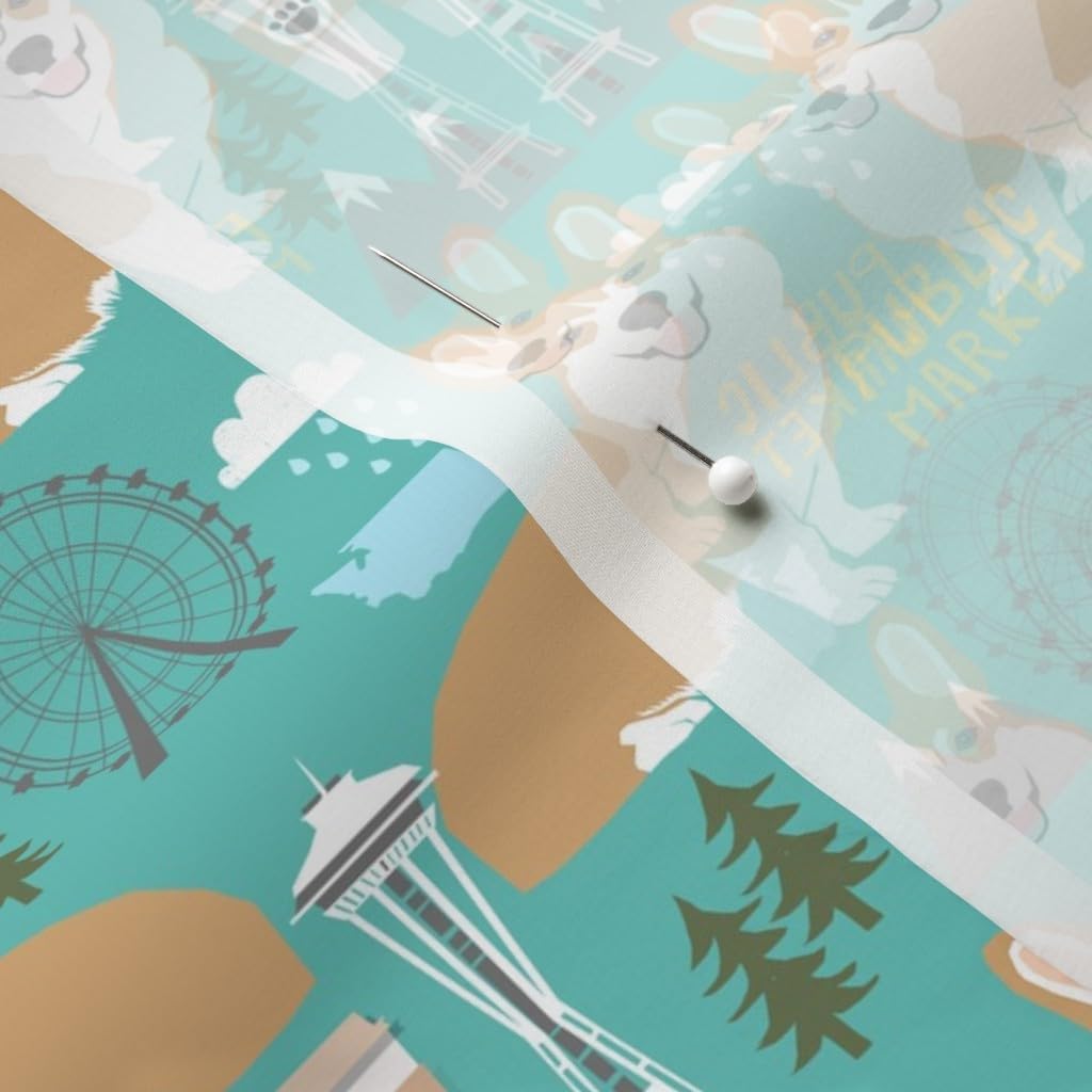 Spoonflower Fabric - Corgi Space Coffee State Turquoise Corgis Dog City Printed on Chiffon Fabric by The Yard - Sewing Fashion Apparel Dresses Home Decor