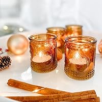 Kate Aspen Vintage Amber Glass Tea Light Holders Set of 4 - Boho Votive Candle Holders for Weddings, Fall Decor & Home Accents