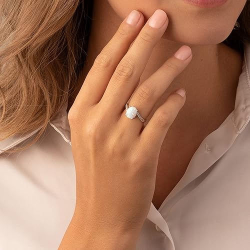 Miniatura 2 de PEORA Anillo solitario de oro blanco de 14 quilates con diamantes y piedras preciosas para mujer, forma ovalada de 0.394 x 0.315 in, tamaños 5 a 9